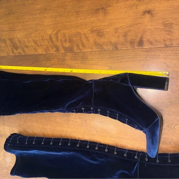 Elegant Navy Velvet Knee-High Boots - Picture 3 of 9
